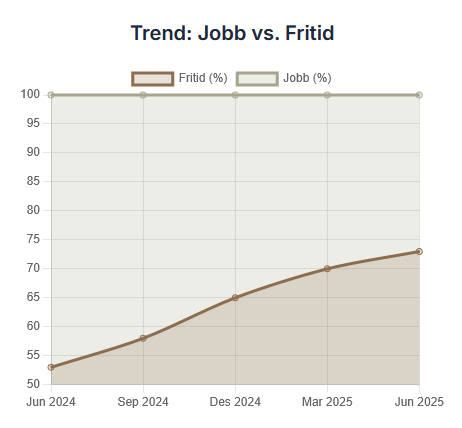 Ved rapportens avslutning viser fordelingeb73% fritid og 27% jobb